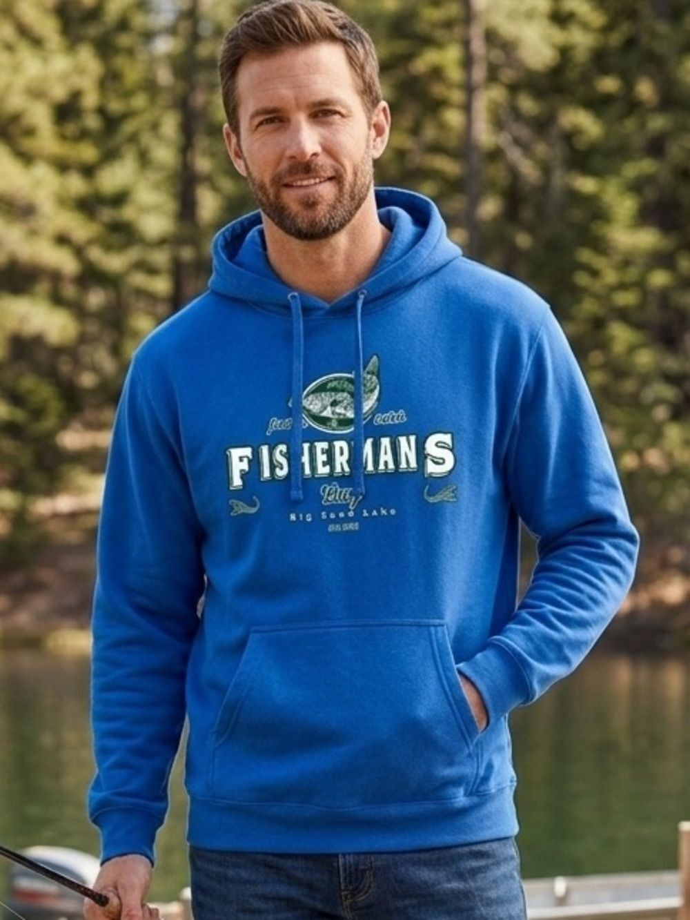 Fishermans Bay Big Sandy Lake MN Hoodie Mens Large Blue Graphic Hoodie Fishing